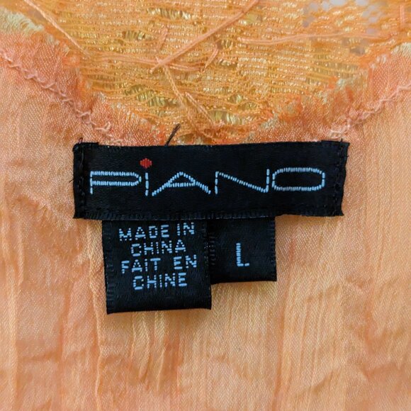 VTG 00s Y2K Piano Orange Sheer Crinkle Pleated Sequin Lace Trim Bell Sleeve Top - Picture 7 of 8